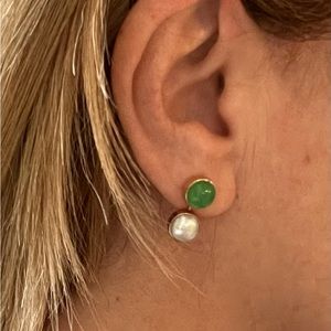 14k yellow gold cultured pearl and jade earrings